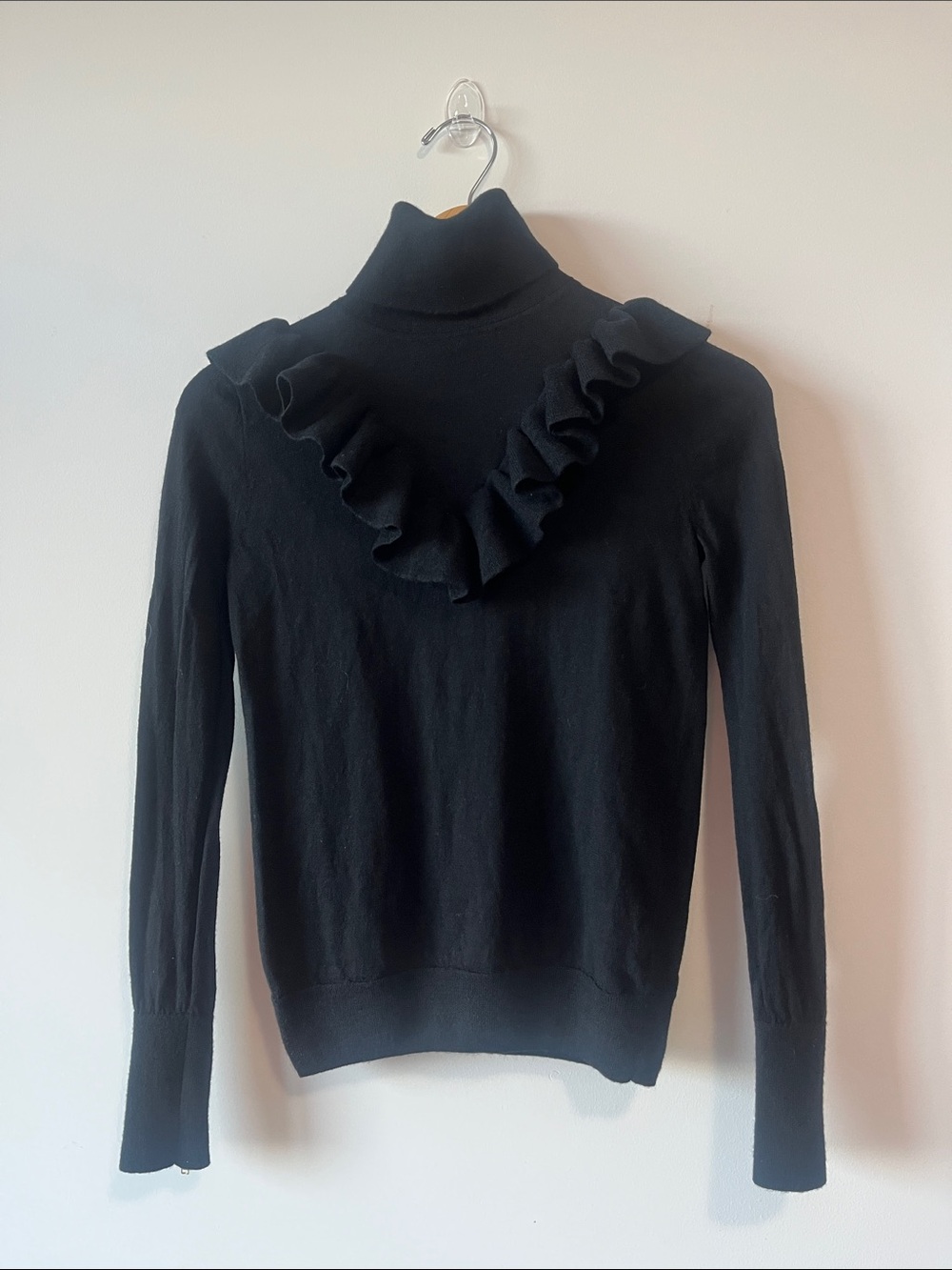 J Crew Merino Wool Black Ruffle Turtleneck Sweater